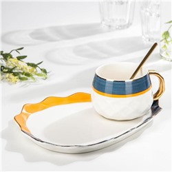 Чайная пара керамическая «Аврора», 3 предмета: чашка 250 мл, тарелка 21×17×2 см, ложка