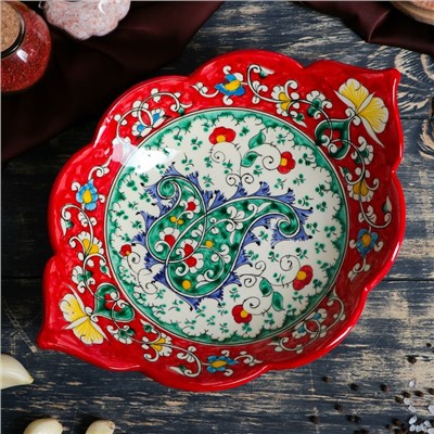 Блюдо Риштанская Керамика "Цветы", 29 см, красное, рифлёное, овальное
