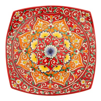 Ляган Риштанская Керамика "Узоры", 31 см, квадратный, красный микс