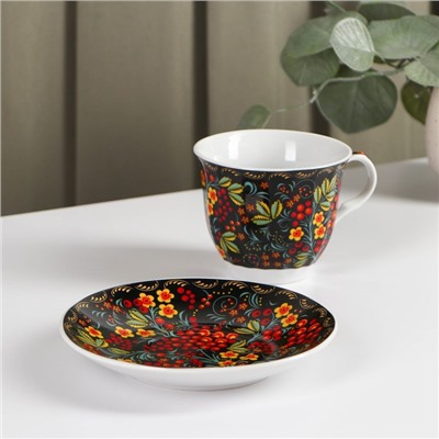 Чайная пара керамическая Доляна «Хохлома», 2 предмета: чашка 210 мл, блюдце d=14,2 см, цвет разноцветный