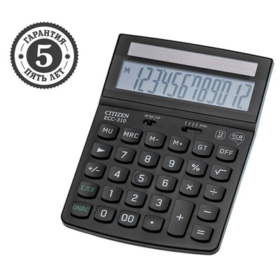 Калькулятор настольный,12 разрядов, Citizen ECC-310, питание от солнечной батареи, 107 х 173 х 34мм, черный