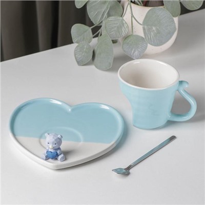 Пара кофейная керамическая «Мишка с сердцем», стакан 200 мл, блюдце 15,5×15×8 см, ложка, цвет голубой