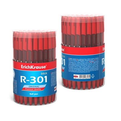 Ручка шариковая ErichKrause R-301 Original Stick, узел 0.7 мм, европодвес, чернила красные