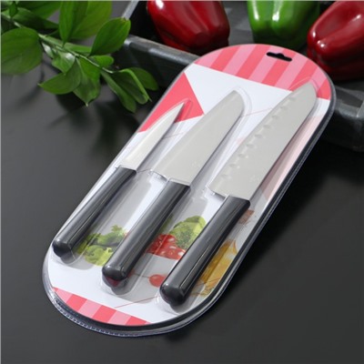 Ножи кухонные Fоlk, набор 3 шт, лезвие: 7,7 см, 12 см, 18,2 см, цвет чёрный