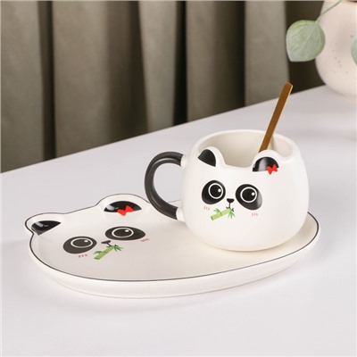 Чайная пара керамическая с ложкой «Панда», 180 мл, блюдце 19,5×14,5 см, рисунок МИКС