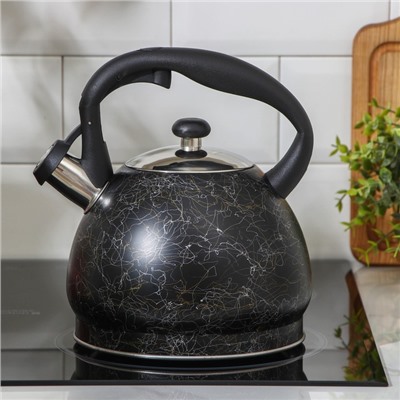 Чайник со свистком из нержавеющей стали Aurora, 3 л, 23,5×21,5×19,5 см, цвет чёрный с золотым и белым