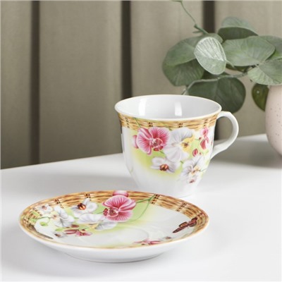 Чайная пара керамическая Доляна «Садовый дворик», 2 предмета: чашка 200 мл, блюдце d=14,1 см, цвет разноцветный