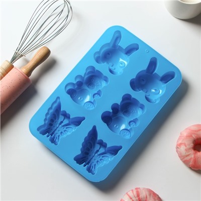 Форма силиконовая для выпечки Доляна «Заяц, мишка, бабочка», 26×17 см, 6 ячеек, цвет синий