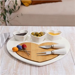 Блюдо керамическое для подачи «Эстет. Сердце», 8 предметов: 3 соусника 8×6×4 см, 3 шпажки, нож, вилочка