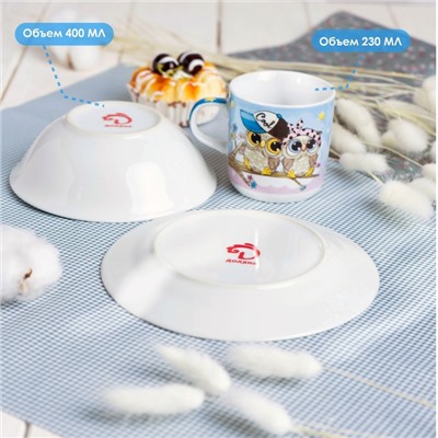 Набор детской посуды Доляна «Совы тинейджеры», 3 предмета: кружка 230 мл, миска 400 мл, тарелка d=18 см