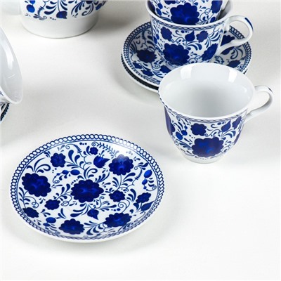 Сервиз керамический чайный Доляна «Русский узор»,13 предметов на подставке: 6 чашек 210 мл, 6 блюдец, чайник