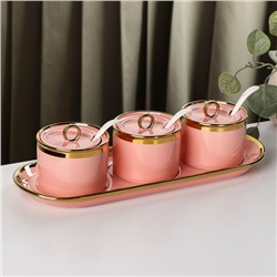 Набор банок на керамической подставке «Акварель», с ложками, на подставке, 3 шт, цвет розовый