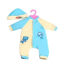 Запасной комплект одежды на куклу кремово-голубые ползунки с шапочкой (вышитый медвеженок)