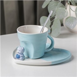 Пара кофейная керамическая «Мишка с сердцем», стакан 200 мл, блюдце 15,5×15×8 см, ложка, цвет голубой