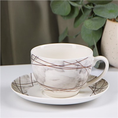 Чайная пара фарфоровая Доляна «Мрамор», 2 предмета: чашка 280 мл, блюдце d=15 см