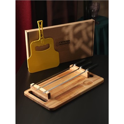 Подарочный набор для подачи шашлыка: доска-тарелка 44×24×5.5 см, шампур 3 шт, опахало, берёза