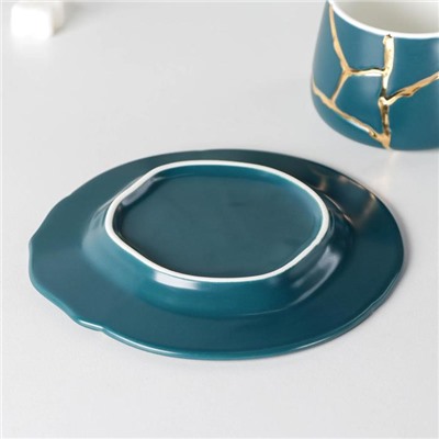 Чайная пара керамическая «Кракле с золотом», чашка 250 мл, блюдце, ложка, цвет синий