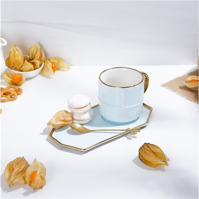 Чайная пара керамическая с ложкой «Весна», кружка 300 мл, блюдце 20×10,5 см, цвет голубой