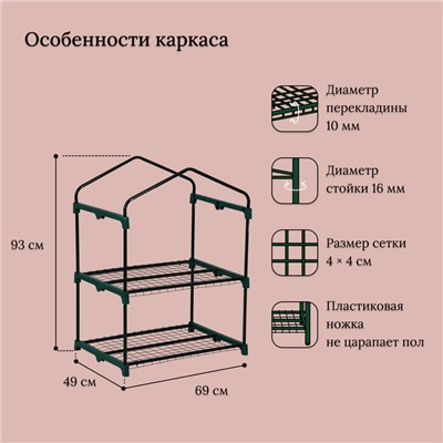 Парник-стеллаж, 2 полки, 93 × 69 × 49 см, металлический каркас d = 16 мм, чехол плёнка 80 мкм