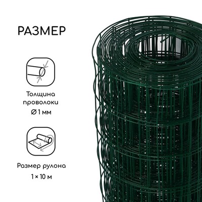 Сетка сварная с ПВХ покрытием, 10 × 1 м, ячейка 50 × 50 мм, d = 1 мм, металл, Greengo