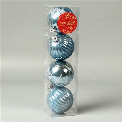 Набор шаров пластик d-5,5 см, 4 шт "Новогодние забавы" зимний лес полосы, голубой