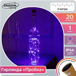 Гирлянда «Нить» 2 м роса с пробкой, IP44, серебристая нить, 20 LED, свечение фиолетовое, фиксинг, солнечная батарея