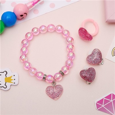 Набор детский 3 предмета: клипсы, браслет, кольцо, сердечки, цвет светло-розовый