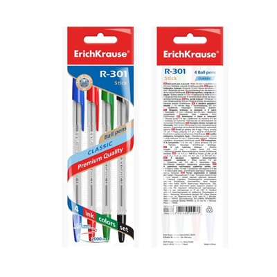 Набор ручек шариковых 4 цвета ErichKrause R-301 Classic Stick, узел 1.0 мм, чернила: синие, чёрные, красные, зелёные, длина линии письма 2000 метров, европодвес