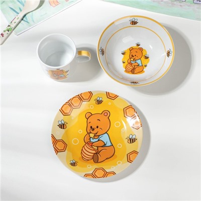 Набор детской посуды Доляна «Медвежонок и мёд», 3 предмета: кружка 230 мл, миска 400 мл, тарелка d=18 см