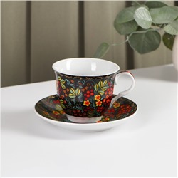 Чайная пара керамическая Доляна «Хохлома», 2 предмета: чашка 210 мл, блюдце d=14,2 см, цвет разноцветный