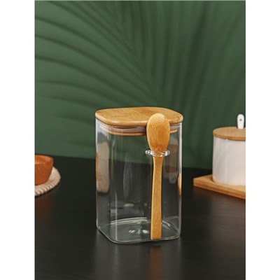 Банка стеклянная для сыпучих продуктов с бамбуковой крышкой и ложкой BellaTenero «Эко», 1,2 л, 12×10×16 см