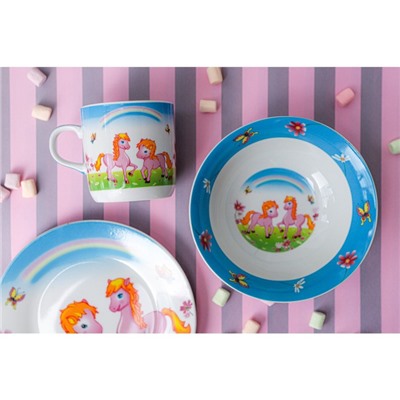Набор детской посуды Доляна «Пони», 3 предмета: кружка 230 мл, миска 400 мл, тарелка d=18 см