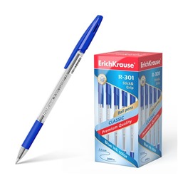 Ручка шариковая ErichKrause R-301 Classic Stick & Grip, узел 1.0 мм, чернила синие, резиновый упор, длина линии письма 800 метров