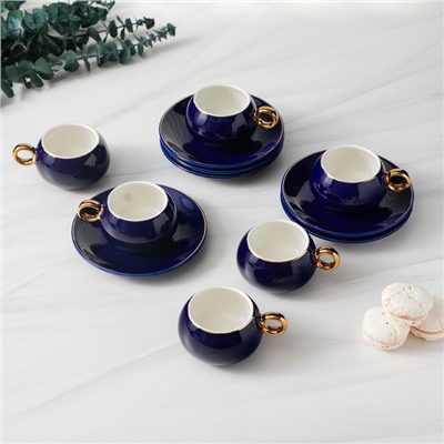 Сервиз кофейный керамический «Капля», 12 предметов: 6 чашек 90 мл, 6 блюдец d=12 см, цвет синий