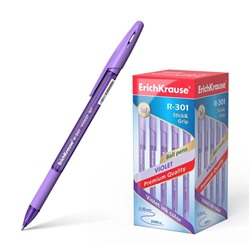 Ручка шариковая ErichKrause R-301 Violet Stick & Grip, узел 0.7 мм, чернила светло-фиолетовые, резиновый упор, длина линии письма 2000 метров