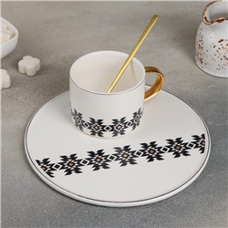 Чайная пара керамическая с ложкой «Орнамент»: кружка 280 мл, тарелка d=20 см