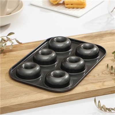Форма для выпечки Доляна «Пончики», 26,5×17 см, 6 ячеек, антипригарное покрытие, цвет чёрный