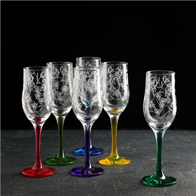 Набор разноцветных бокалов для шампанского Рrimavera, 190 мл, 6 шт, гравировка и напыление