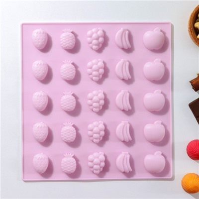 Форма для льда и шоколада Доляна «Фруктовый рай», 25 ячеек, 22,5×23,5×1,5 см, силикон, цвет розовый