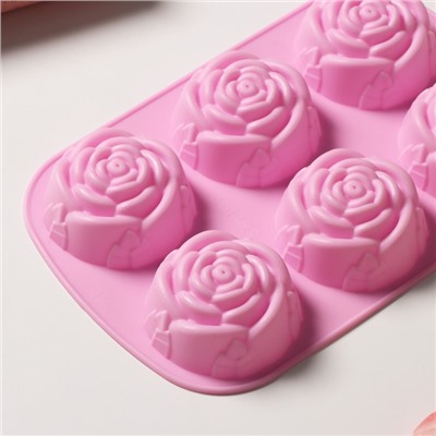 Форма силиконовая для выпечки «Цветы.Роза», 6 ячеек, 24,5×16×3 см, d=7 см, цвет розовый