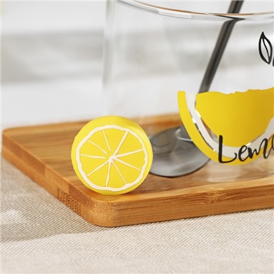 Кружка стеклянная «Лимон», 300 мл, с деревянной подставкой и ложкой, рисунок МИКС