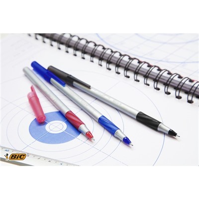 Ручка шариковая BIC Round Stic Exact, узел 0.7 мм, тонкое письмо, резиновый упор, чернила синие, одноразовая, серый корпус