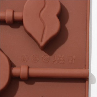 Форма для леденцов Доляна «Поцелуй», 24×9,4×1,5 см, 6 ячеек, с палочками, цвет коричневый