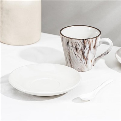 Набор чайный керамический на металлической подставке «Мрамор», 6 предметов: 2 чашки 200 мл, 2 блюдца d=14 см, 2 ложки