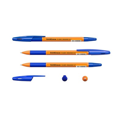 Ручка шариковая Erich Krause R-301 Orange Stick & Grip, узел 0.7 мм, чернила синие, резиновый упор, длина линии письма 1000 метров