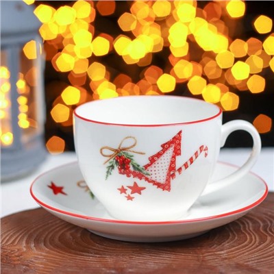Чайная пара фарфоровая Доляна «Счастливого Нового Года», чашка 280 мл, блюдце d=15 см