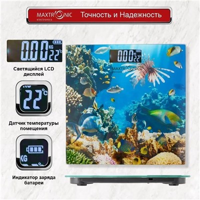 Весы напольные электронные стекло 150 кг 28*28 см Коралловый риф Maxtronic (1/10)