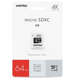 Карта памяти micro SDHC 64 GB Class 10 PRO U3 R/W:95/60 MB/s с адаптером SD Smartbuy (1/1)