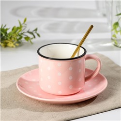 Чайная пара керамическая «Горошек», чашка 220 мл, блюдце d=15 см, ложка, цвет розовый