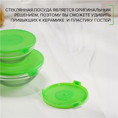 Набор стеклянных салатников Доляна «Классика», с крышками, 5 предметов: 900 мл (17×7,6 см), 500 мл (16×6 см), 350 мл (12,5×5,4 см), 200 мл (10,5×4,5 см), 130 мл (9×3,7 см), цвет зелёный